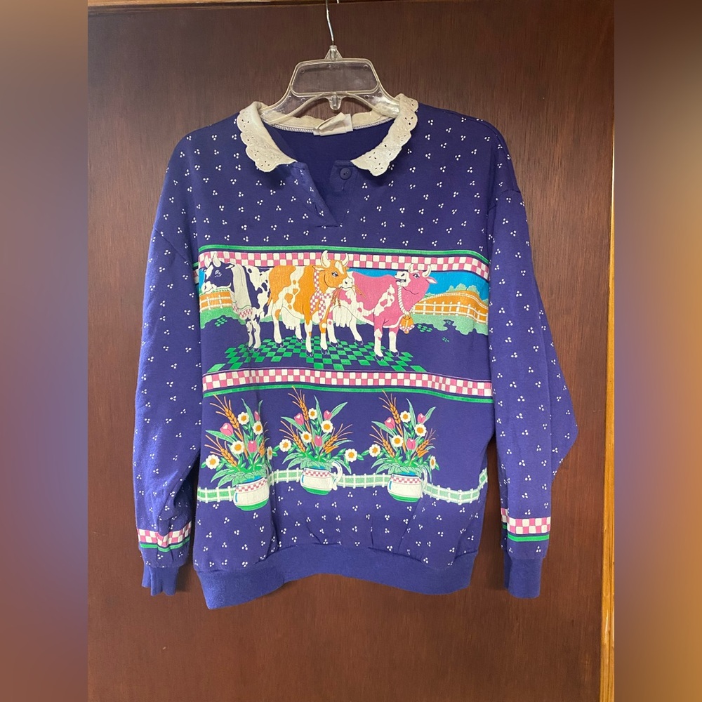 Vintage Women’s Spumoni 80s Cows Floral Collared Sweatshirt Large USA